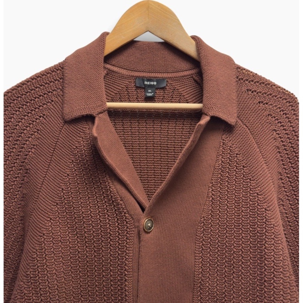 Reiss Men's Sz XL Brown Alphonso Textured Cotton Knit Cuban Collar S/S Shirt euc